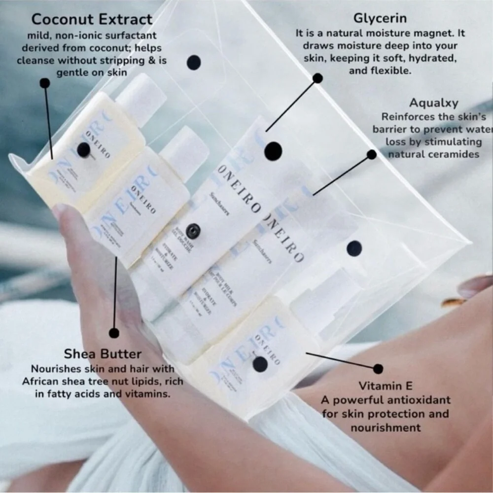 Oneiro Sunchaser Travel Size 5 Piece Bundle + Clear Clutch TSA Approved